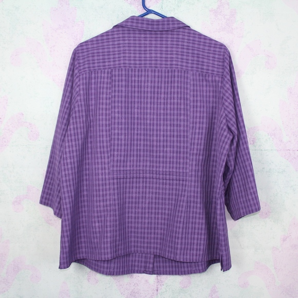 CJ Banks Purple Gingham Check Floral Stretch Top - Picture 2 of 3